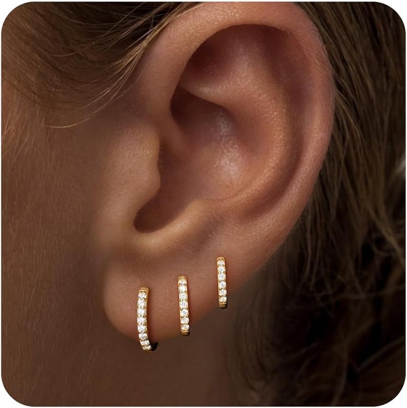 Poxtex Small Sterling Silver Huggie Hoop Earrings Set for Women, Hypoallergenic 14K Gold Plated Hoops Stacks for Multiple Piercings, Dainty Cute Mini Lightweight Cartilage Studs Trendy Jewelry Gift - Image 1